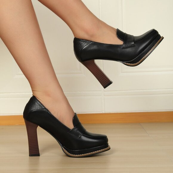 Black Elegant Women's Waterproof Wood Grain Slip-On Pumps - Picture 2 of 8